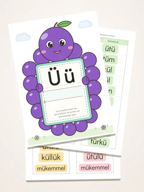 Ü, S, Ö, Y, D ve Z sesleri için hece kaydırma karakter sayfaları ve okuma şeritleri